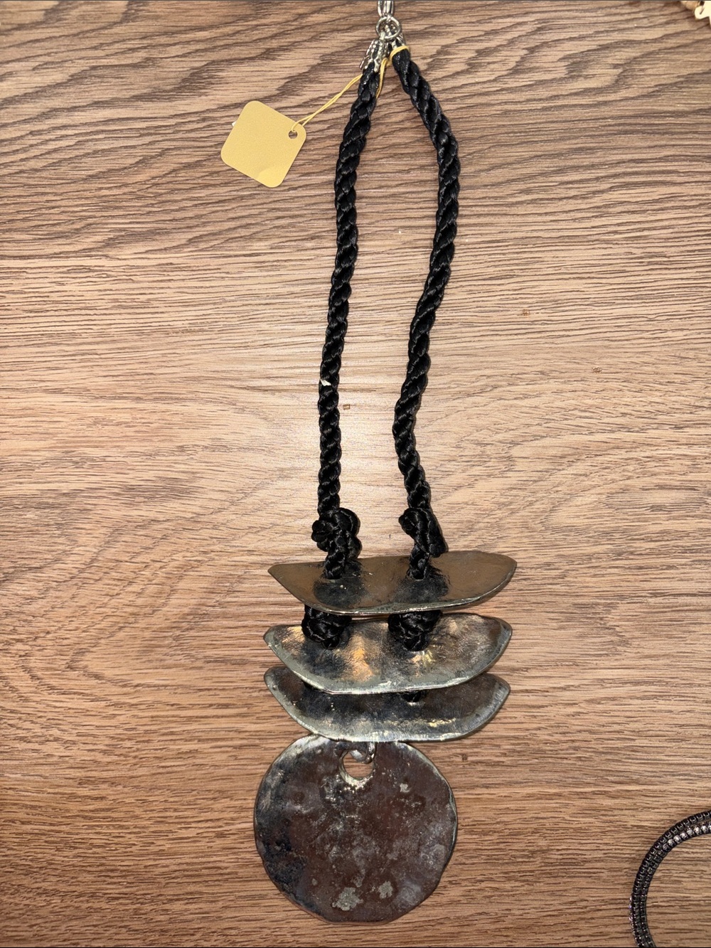 6-Antique Statement Black Braided Cord Necklace with Antiqued Metal Pendants
